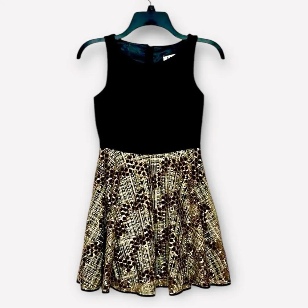 Milly Minis Luxury Dress Black and Gold Sequin Special Occasion Fit & Flare 12
